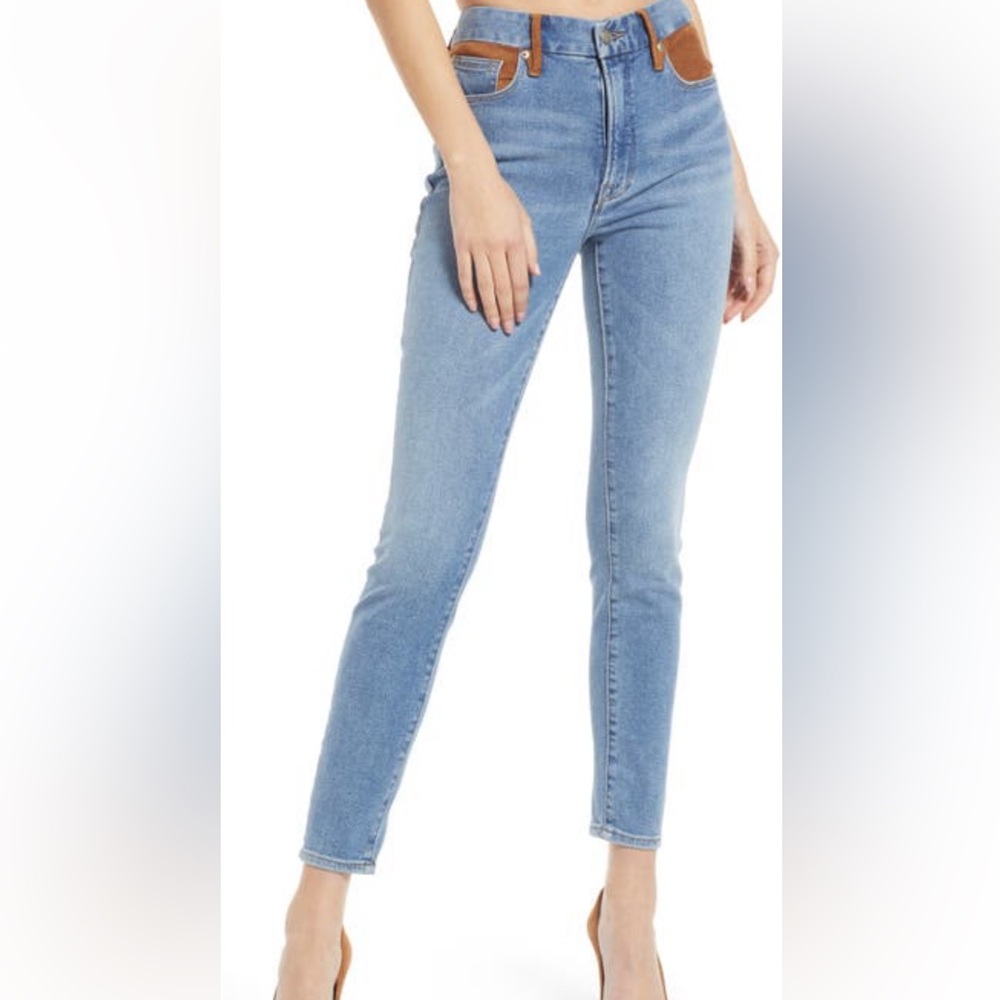 Good American good legs suede brown blue indigo mixing skinny jeans